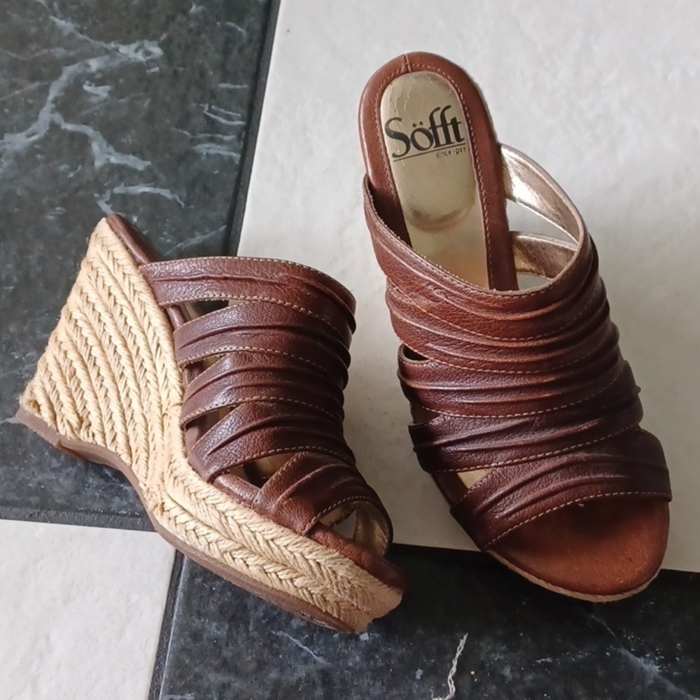 Sofft Brown Leather Wedge Platform Espadrille Sandal Heels Women's Size 6